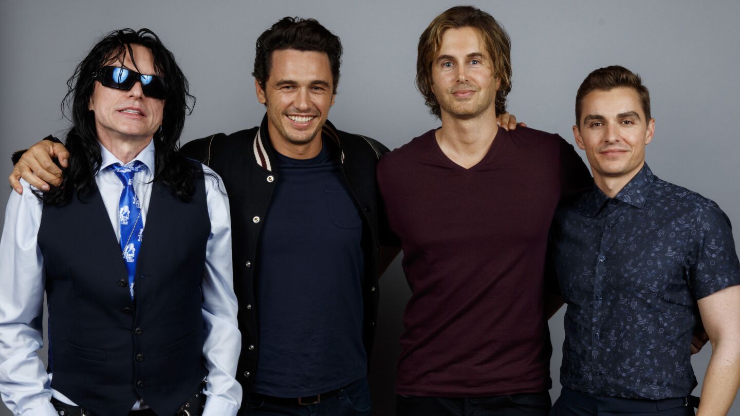 Subject Tommy Wiseau, actor/director James Franco, subject Greg Sestero, and actor Dave Franco from the film "The Disaster Artist.”