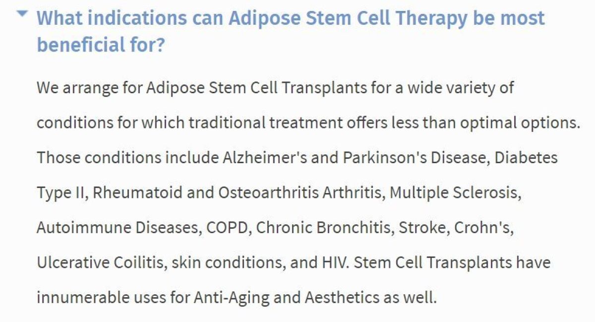 Screen capture of list of stem cell treatment conditions advertised by StemGenex, as of 8:30 am. PDT, Thursday, June 30, 2016. — StemGenex
