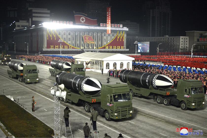 This photo provided by the North Korean government shows missiles during a military parade marking the ruling party congress, at Kim Il Sung Square in Pyongyang, North Korea Thursday, Jan. 14, 2021. Independent journalists were not given access to cover the event depicted in this image distributed by the North Korean government. The content of this image is as provided and cannot be independently verified. Korean language watermark on image as provided by source reads: "KCNA" which is the abbreviation for Korean Central News Agency. (Korean Central News Agency/Korea News Service via AP)