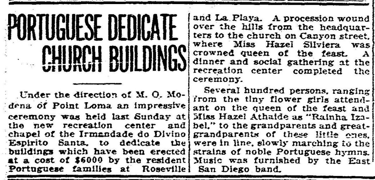"Portuguese dedicate church buildings," from The San Diego Union and Daily Bee, Saturday, June 10, 1922, page 12.