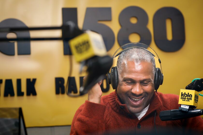 LOS ANGELES-CA-FEBRUARY 1, 2023: Tavis Smiley, owner-operator and morning host of radio station KBLA, interviews Sheriff Robert Luna at his studio in Leimert Park on Wednesday, February 1, 2023. (Christina House / Los Angeles Times)