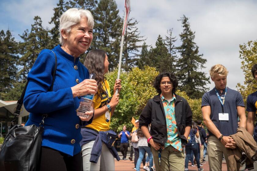 August 15, 2017. BERKELEY, CA. New UC Berkeley Chancellor Carol Christ, the first woman to lead the nation's top public research university during news conference, greeting students and speaking during the convocation on a busy day of orientation for the freshman class. Photo by David Butow/for the Times