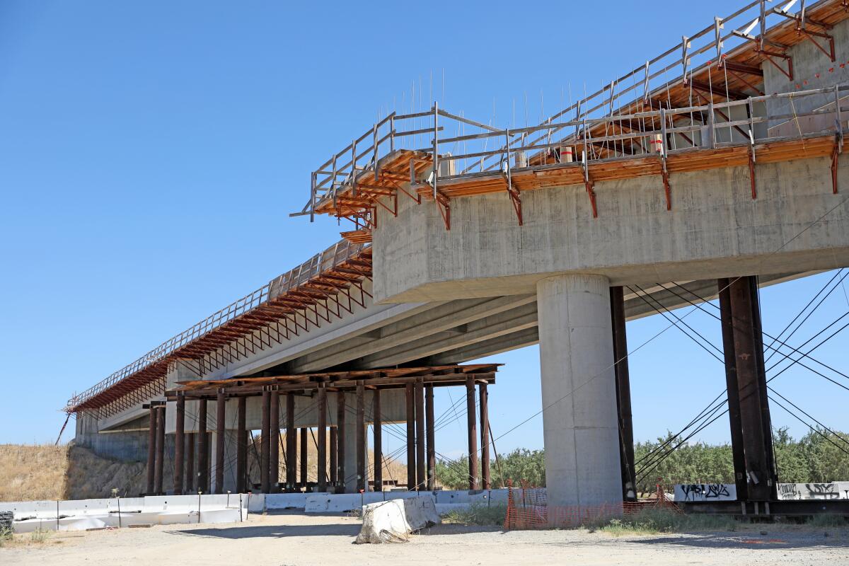 A 700-foot bullet train bridge across State Route 27 and the BNSF main line in Madera County.