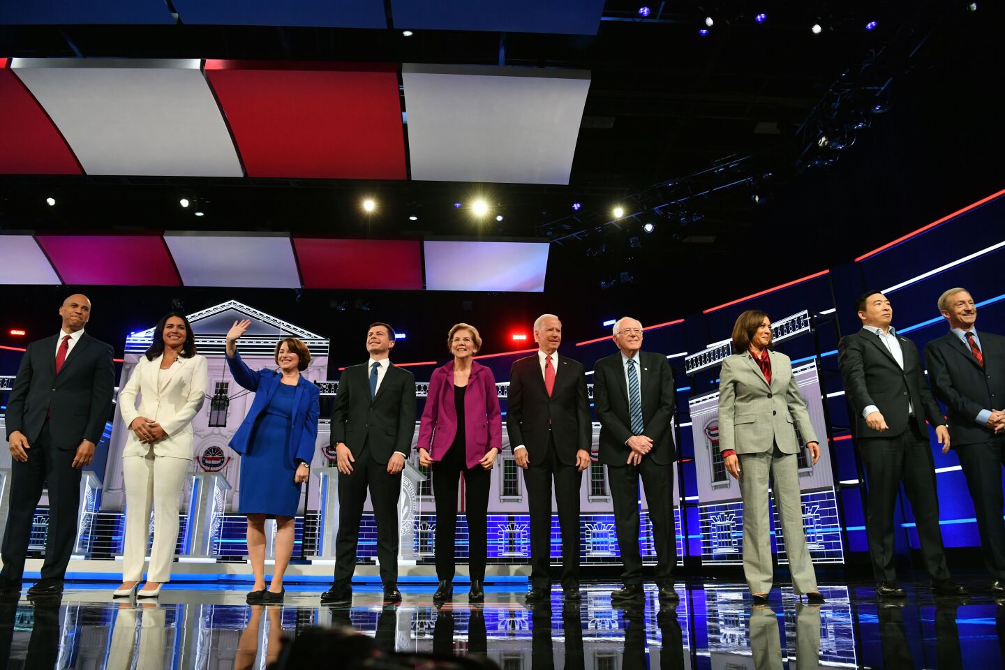 Democratic presidential hopefuls line up at the fifth primary debate, in Atlanta on Nov. 20, 2019.