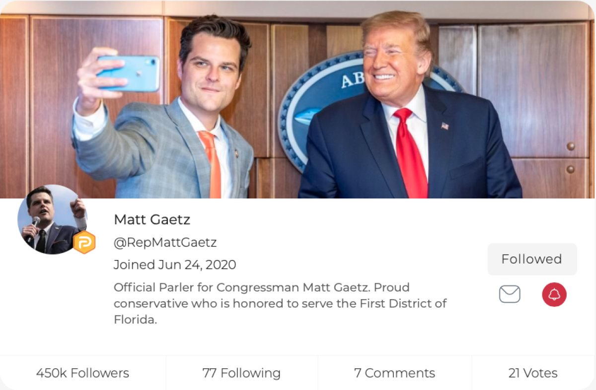 Right wing politicians such as U.S. Rep. Matt Gaetz have accounts on Parler.