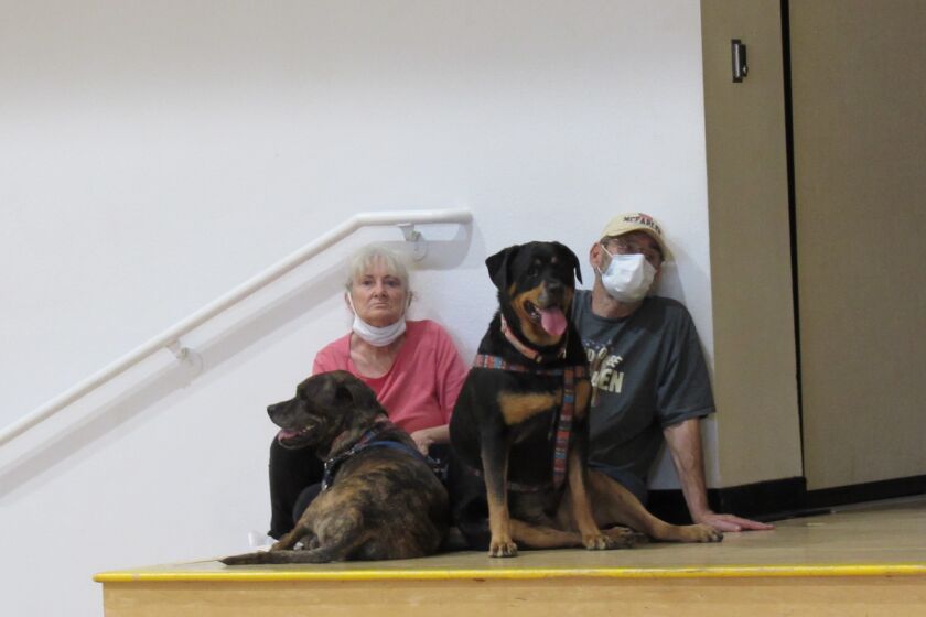 A displaced couple from the Valley Fire and their two dogs take refuge in the Joan MacQueen Middle School gym on Sunday afternoon.