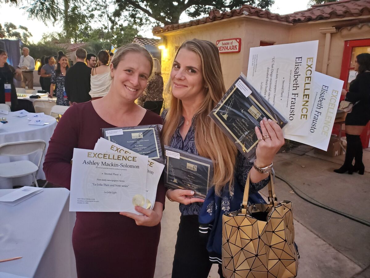 La Jolla Light reporters Ashley Mackin-Solomon and Elisabeth Frausto at the San Diego Press Club awards ceremony Oct. 25 