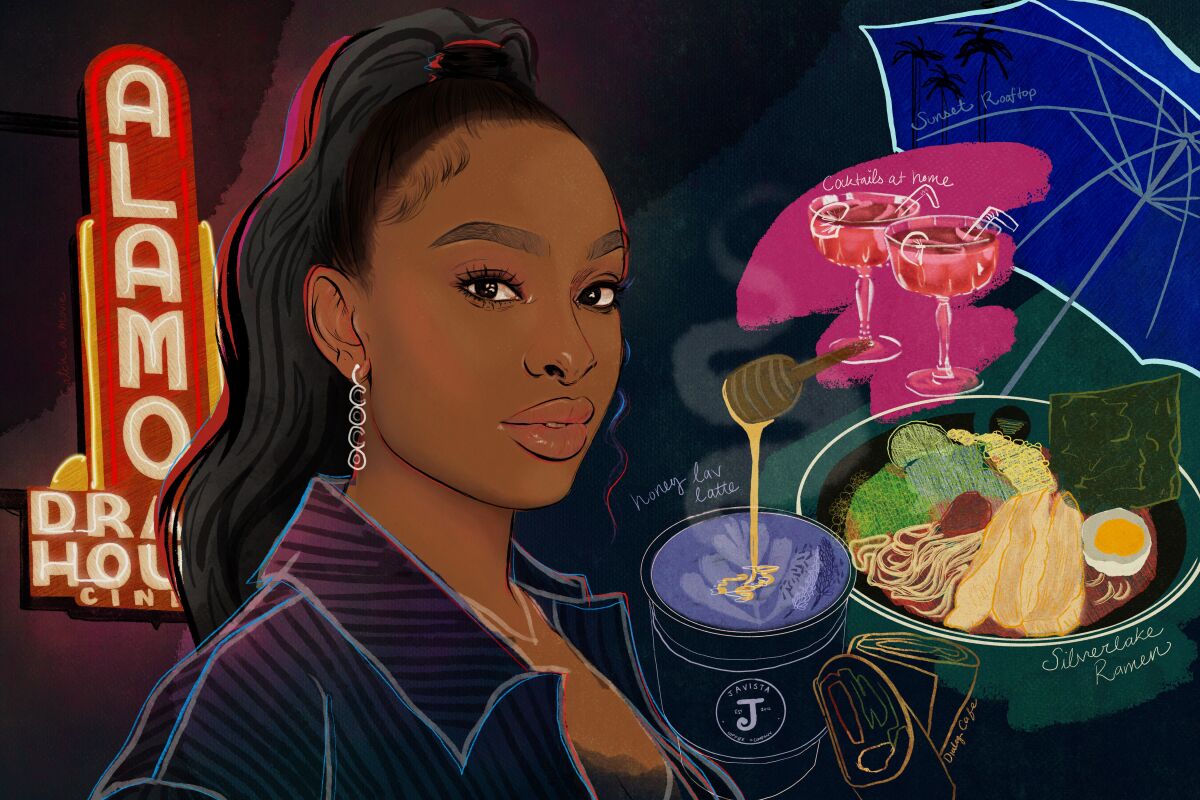 Portrait of Coco Jones with Alamo Draft House sign, cocktails, ramen, a latte, a breakfast burrito, and an umbrella