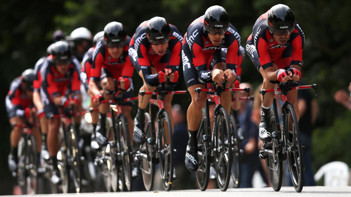 Samuel Sanchez rides in front of his BMC Racing Team teammates during the Tour de France team time trial on Sunday.