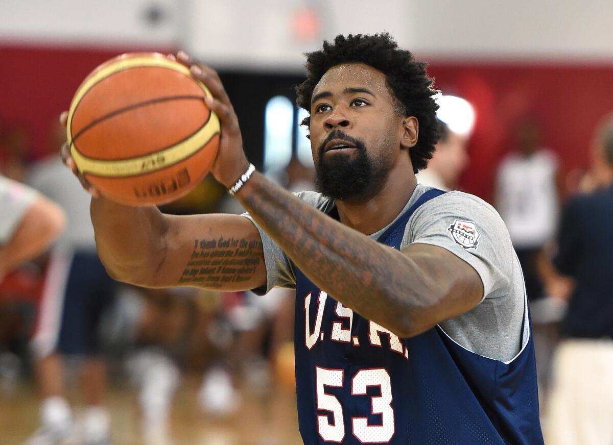 DeAndre Jordan shoots during a USA Basketball Men's National Team practice session in Las Vegas.