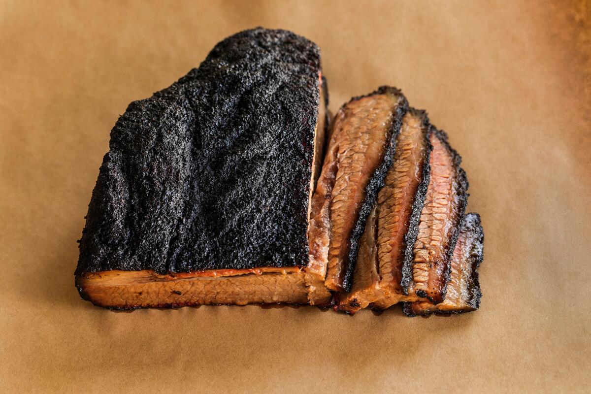 Brisket at Slab BBQ, a small barbecue restaurant in the Beverly Grove area.