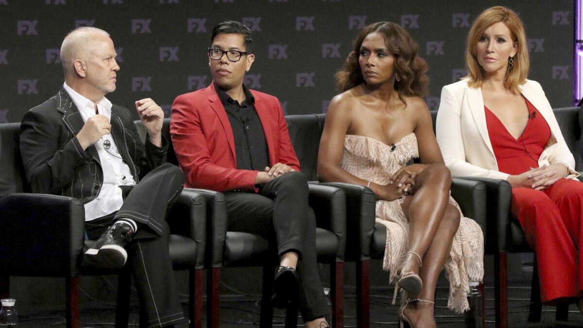 Ryan Murphy, from left, Steven Canals, Janet Mock and Our Lady J at a panel for "Pose" during the FX Television Critics Association Summer Press Tour at The Beverly Hilton.