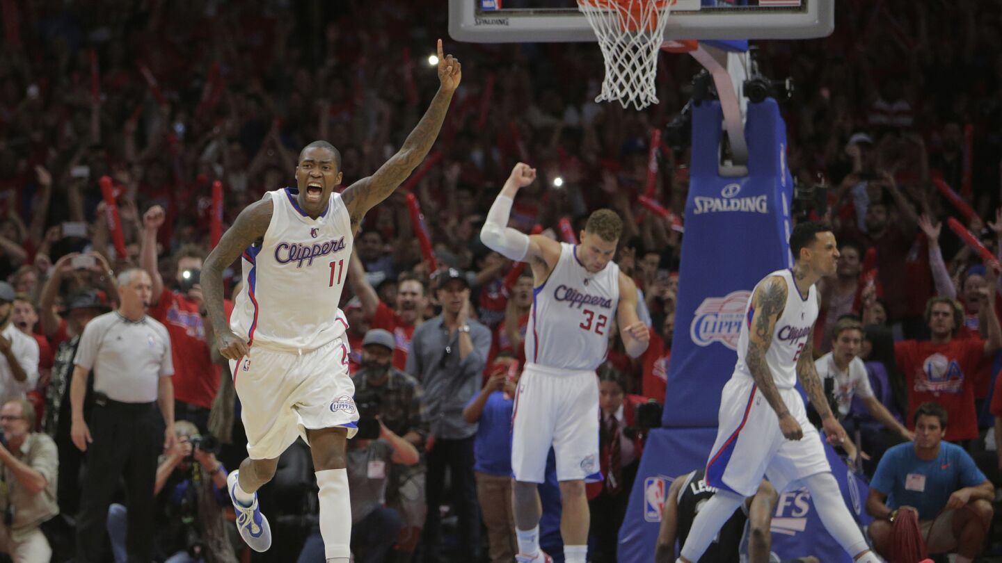 Clippers guard Jamal Crawford celebrates after the team's 111-109 victory over the San Antonio Spurs in Game 7 of the Western Conference quarterfinals at Staples Center on May 2, 2015.