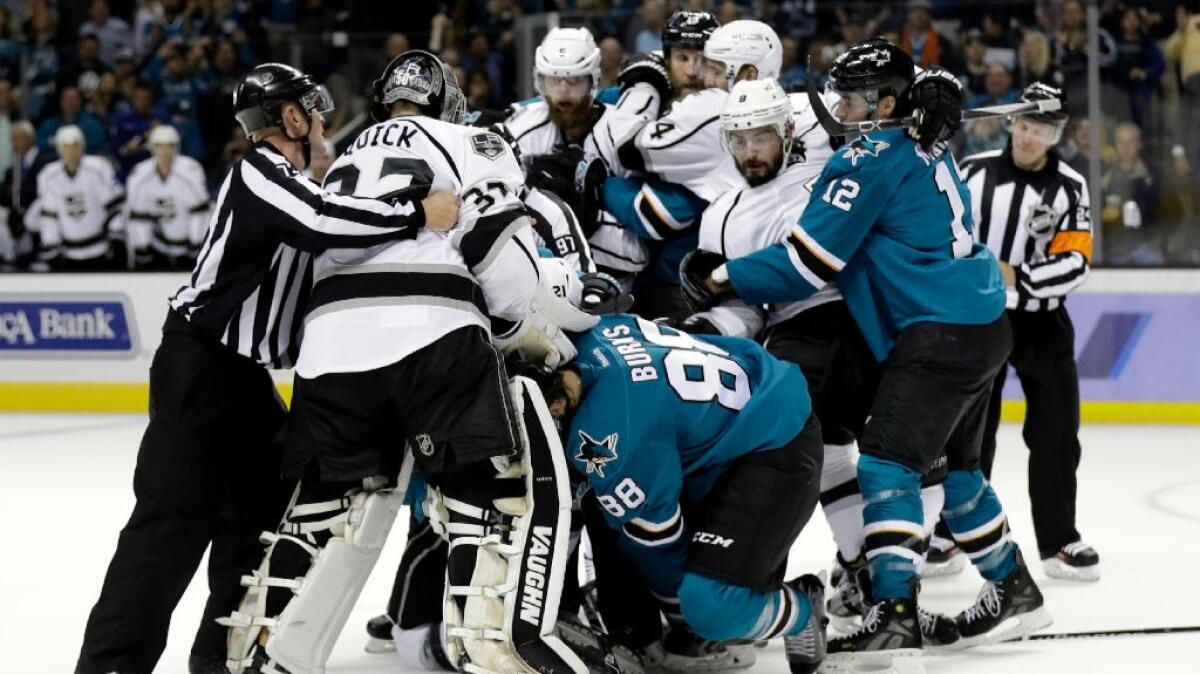 Members of the Kings and Sharks scuffle during the first period of San Jose's 2-1 win over L.A. on Oct. 12.