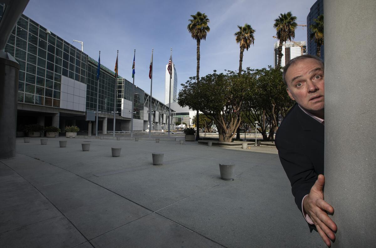 Adrian Maher outside the Los Angeles Convention Center West Hall, where they are setting up for the MusiCares tribute gala for Aerosmith. This is the same event he crashed in 2012, when it celebrated Paul McCartney.