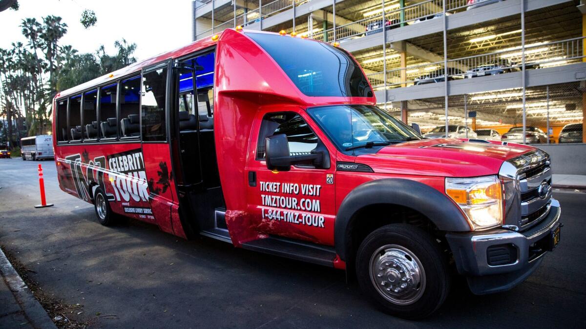 A TMZ tour bus — from which participants are encouraged to look for celebrities.