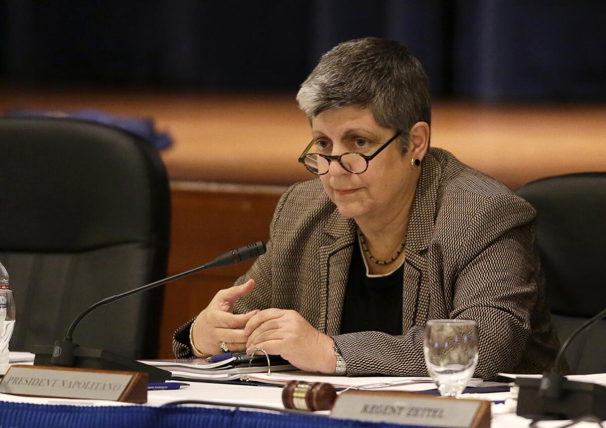 University of California President Janet Napolitano, shown at a UC Regents meeting Tuesday, has said she wants to develop a long-term strategy to keep any future tuition increases small and predictable.
