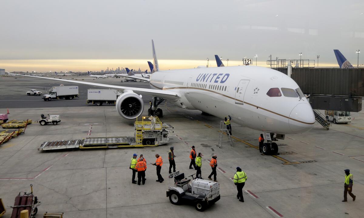 A Dreamliner 787-10 pulls up to a gate at Newark Liberty International Airport in New Jersey.