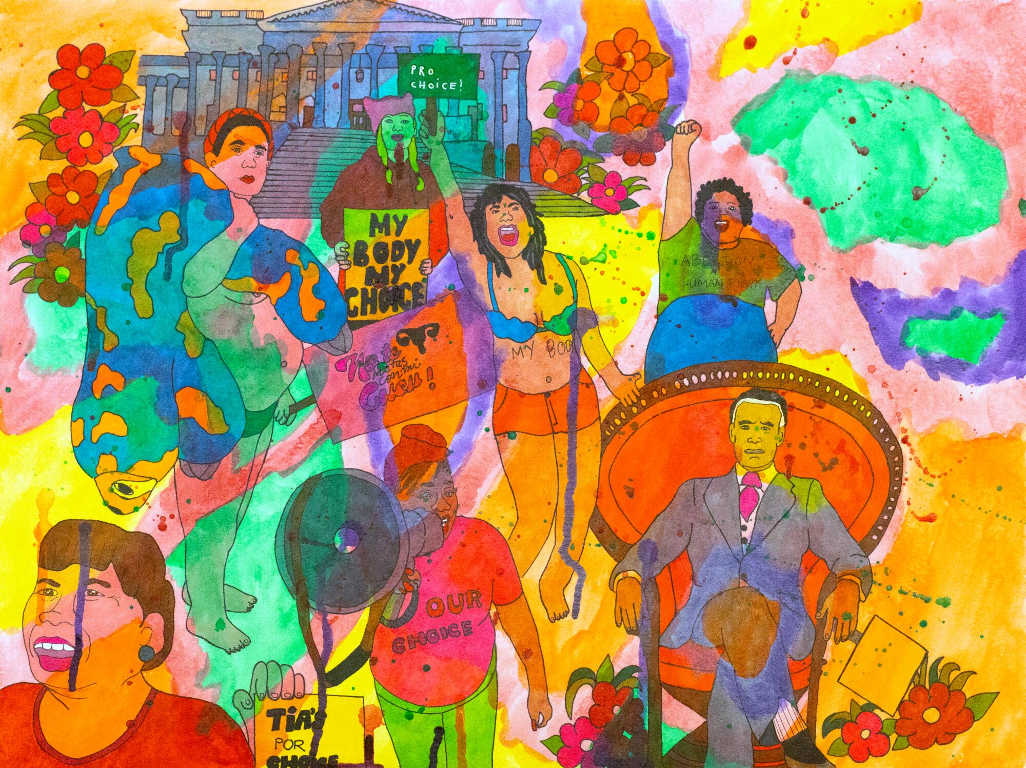 A colorful watercolor and ink painting of people.