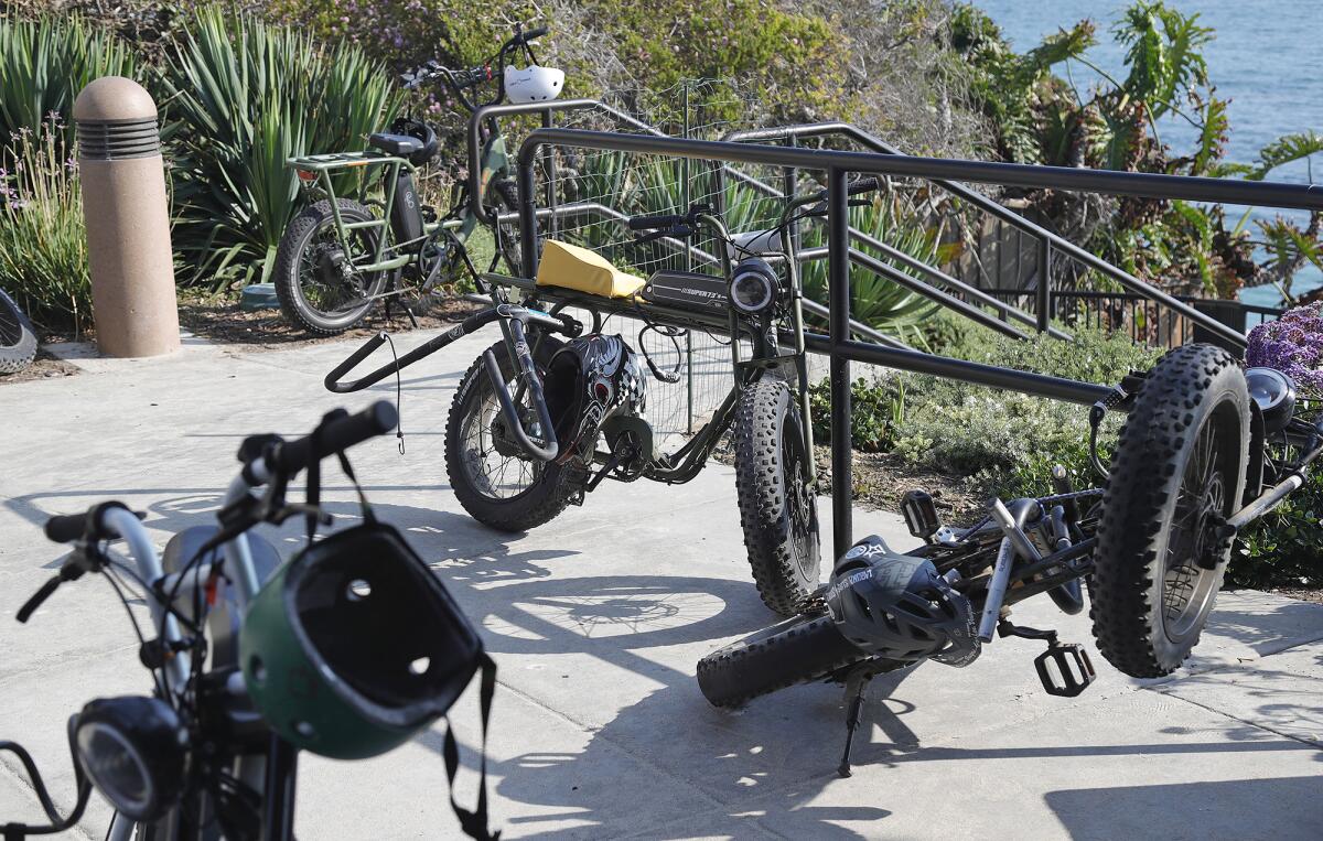 E-bikes parked haphazardly in Laguna Beach in 2021. 