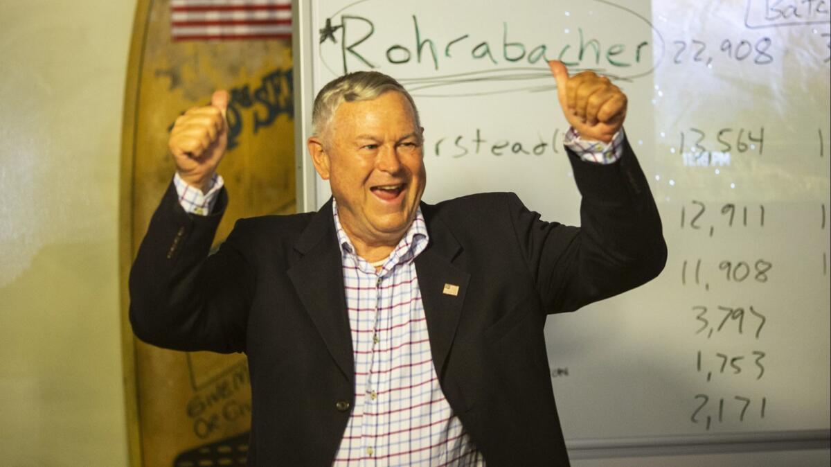 Rep. Dana Rohrabacher (R-Costa Mesa) exults during his primary election night party in Costa Mesa on Tuesday, when he advanced to November's general election in his bid to keep his 48th Congressional District seat.