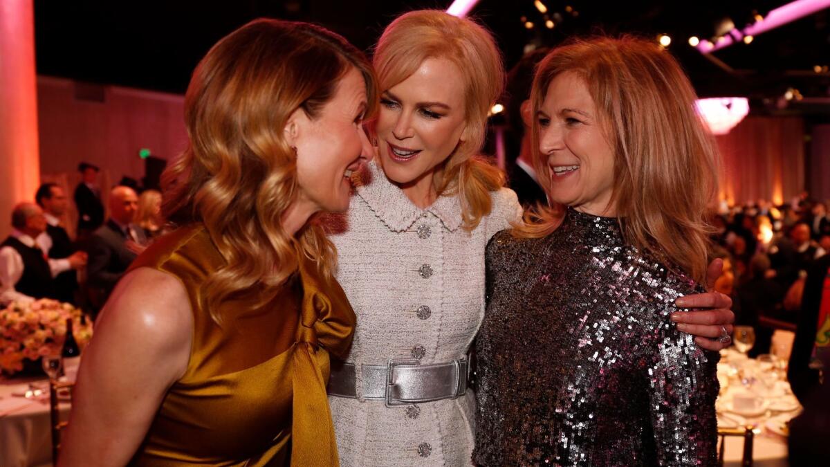 Academy CEO Dawn Hudson, right, with actresses Laura Dern and Nicole Kidman at the Academy Awards nominees luncheon for the 89th Oscars at the Beverly Hilton Hotel.