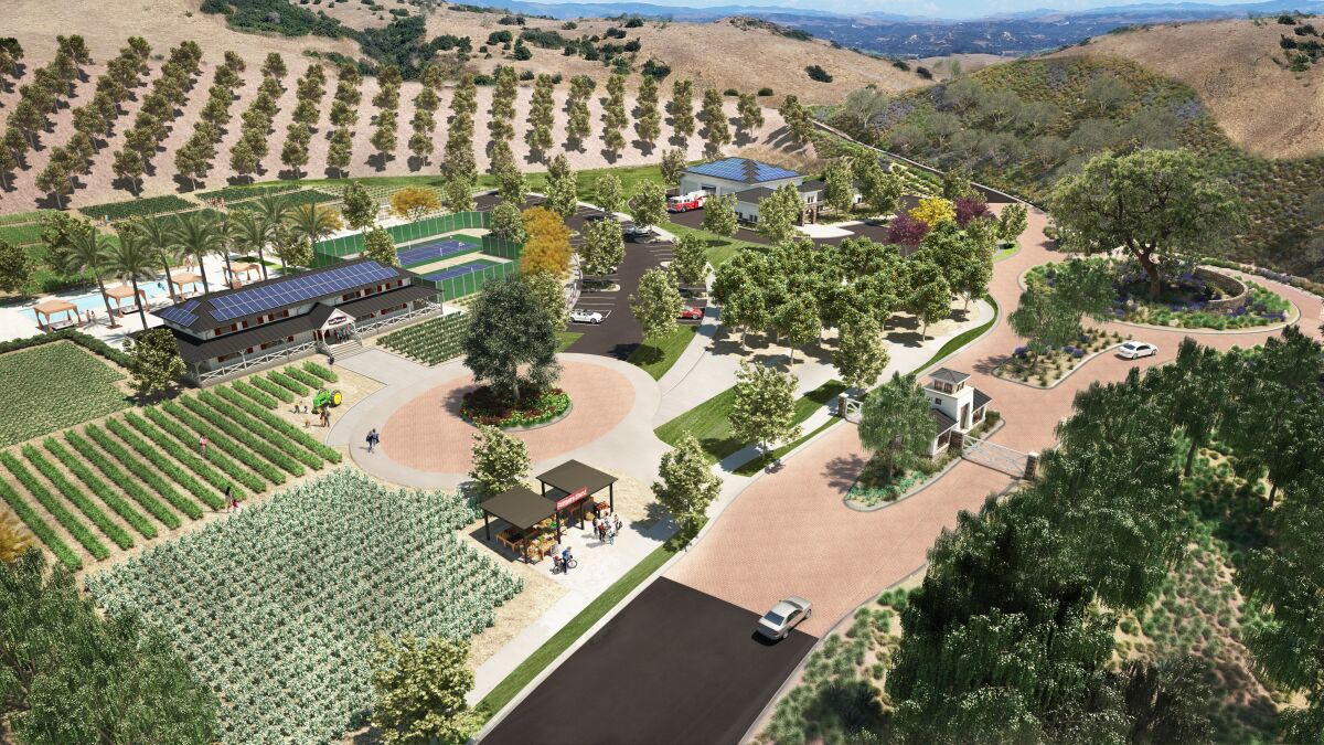 The proposed entrance to Harvest Hills, formerly known as Safari Highlands Ranch, which would be built in the hills north of the San Diego Zoo's Safari Park in the San Pasqual Valley.