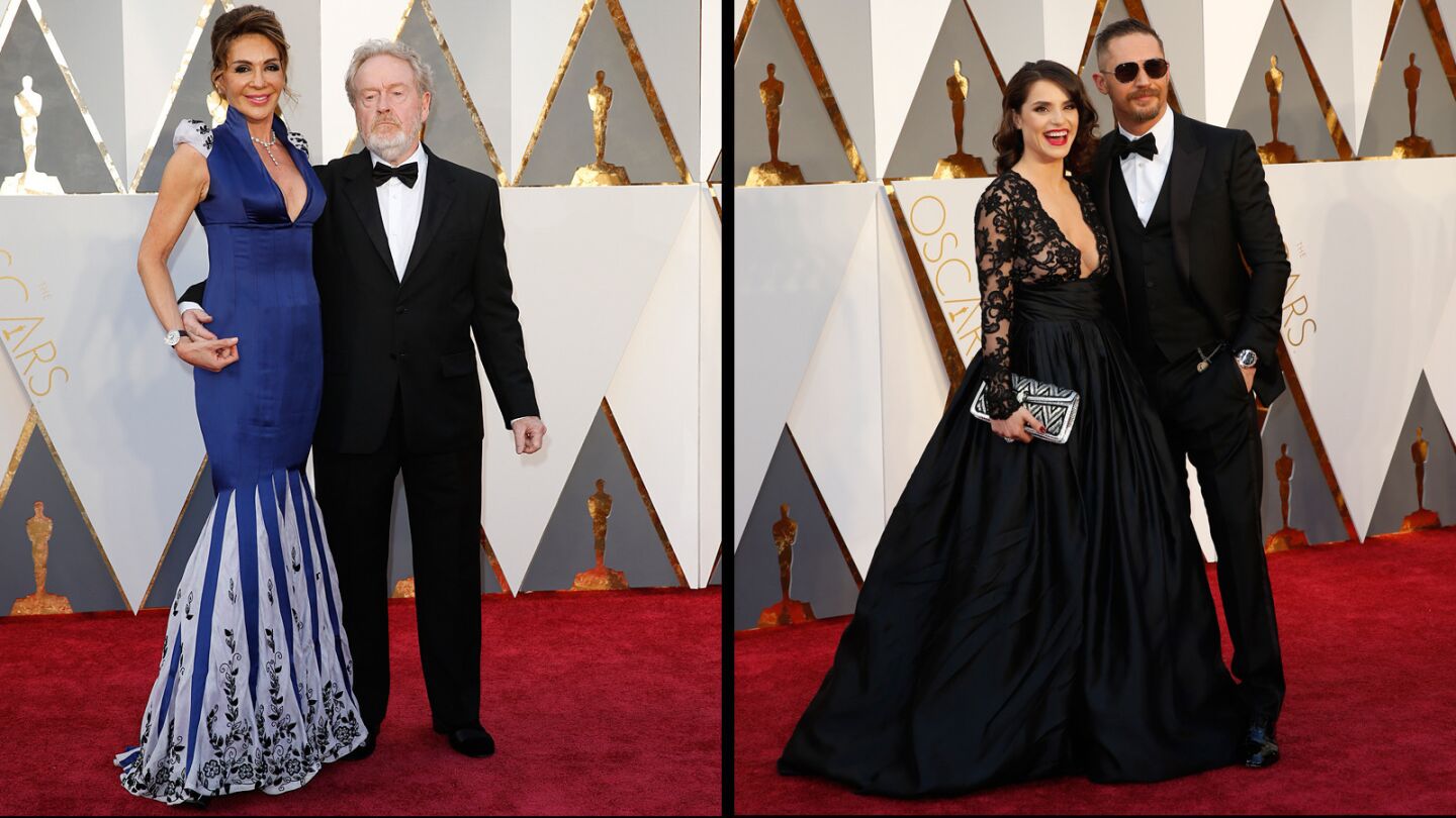 "Director Ridley Scott and Giannina Facio, left, and supporting actor nominee Tom Hardy ("The Revenant") with Charlotte Riley.