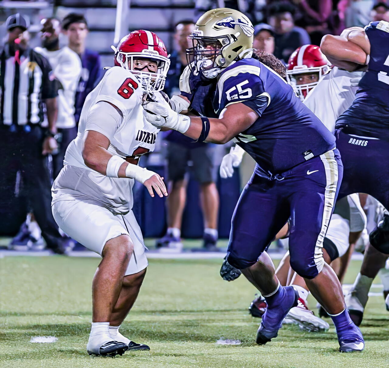 Elisha Mueller of St. John Bosco shows off his blocking skills against Orange Lutheran.