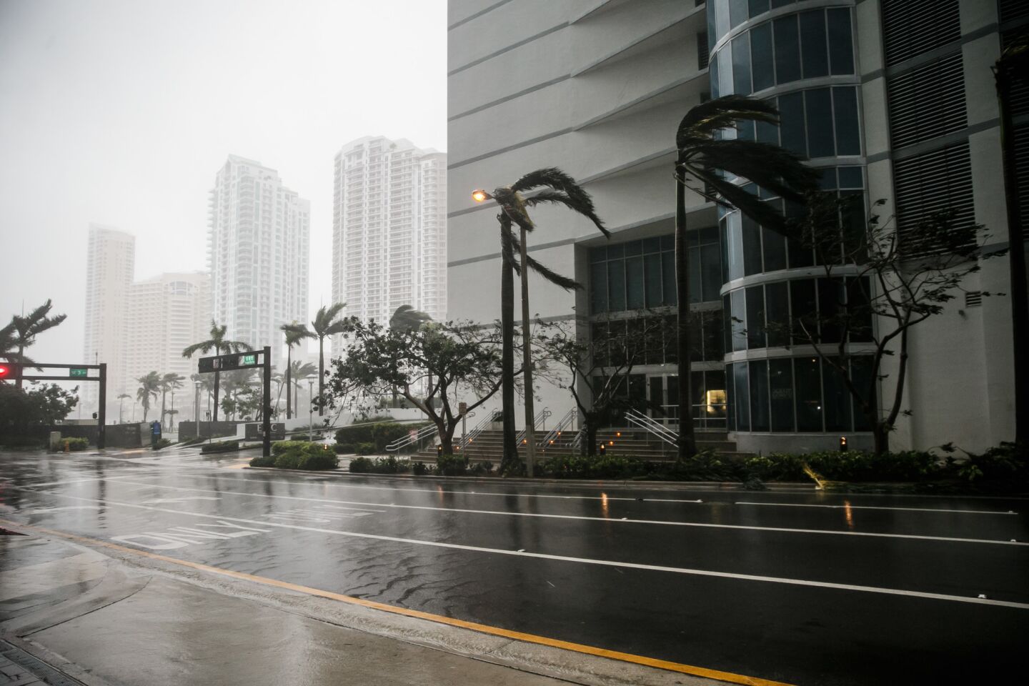 Streets are empty in downtown Miami as the wind picks up speed during Hurricane Irma's approach.