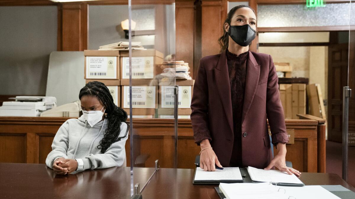 Regina Holyes, left, and Jessica Camacho in "All Rise" on CBS.