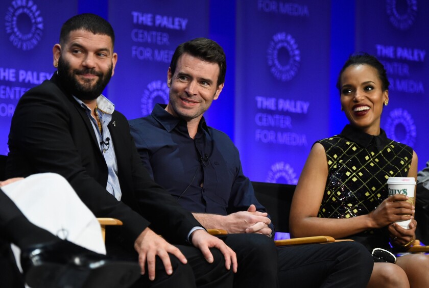 Actors Guillermo Diaz, left, Scott Foley and Kerry Washington field questions on stage in Hollywood during a PaleyFest panel discussion about "Scandal."