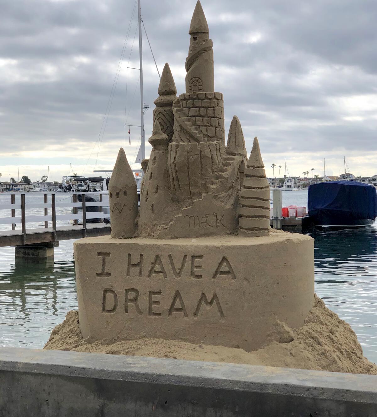Chris Crosson created a sandcastle on Balboa Island in honor of Martin Luther King, Jr. Day.