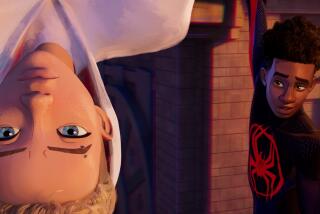 Animated shot of Gwen Stacy in white super suit, hanging upside down as Miles Morales hangs nearby in black suit.