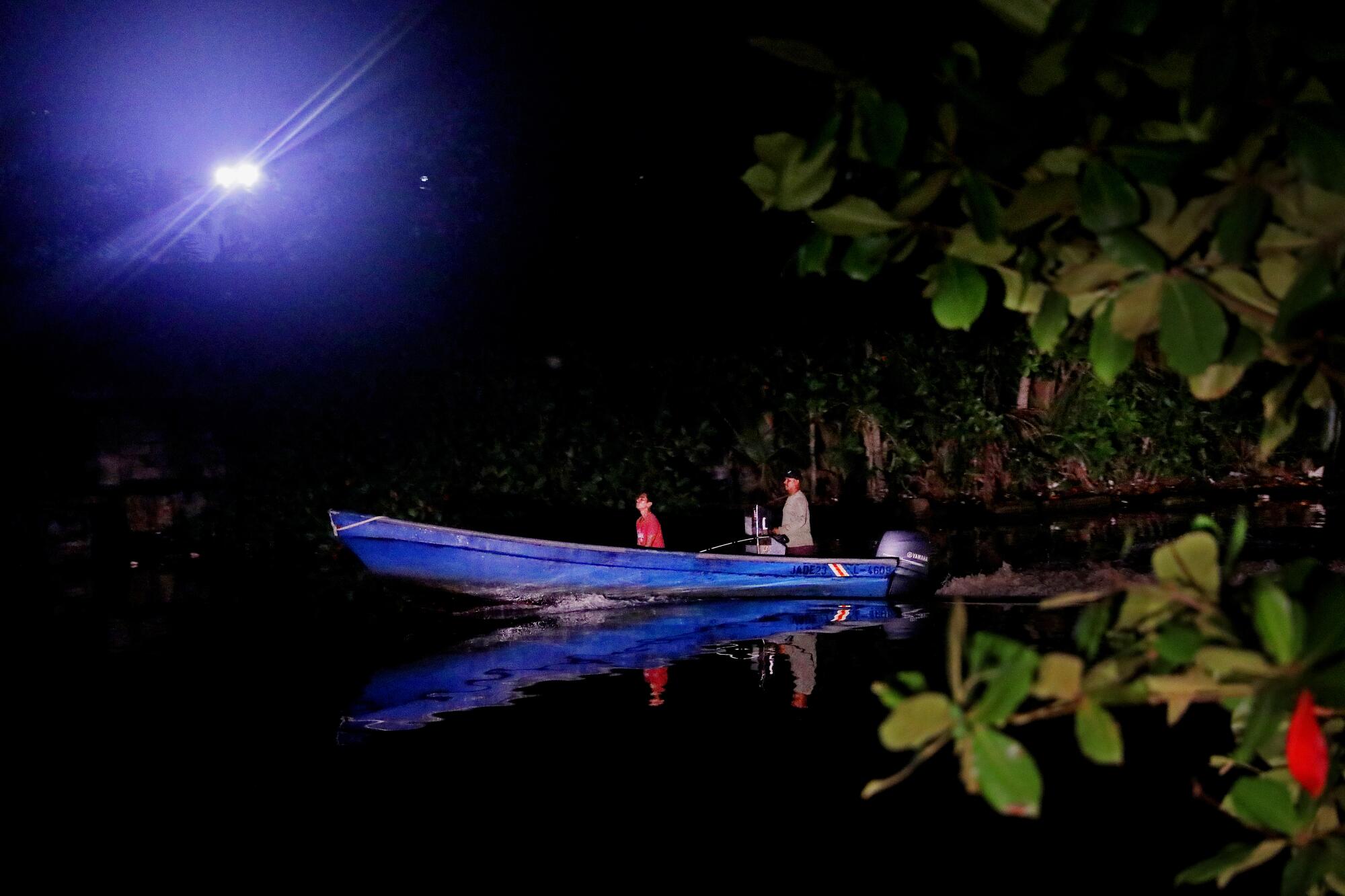A boat with people aboard in dark waters near vegetation, illuminated by lights in the distance