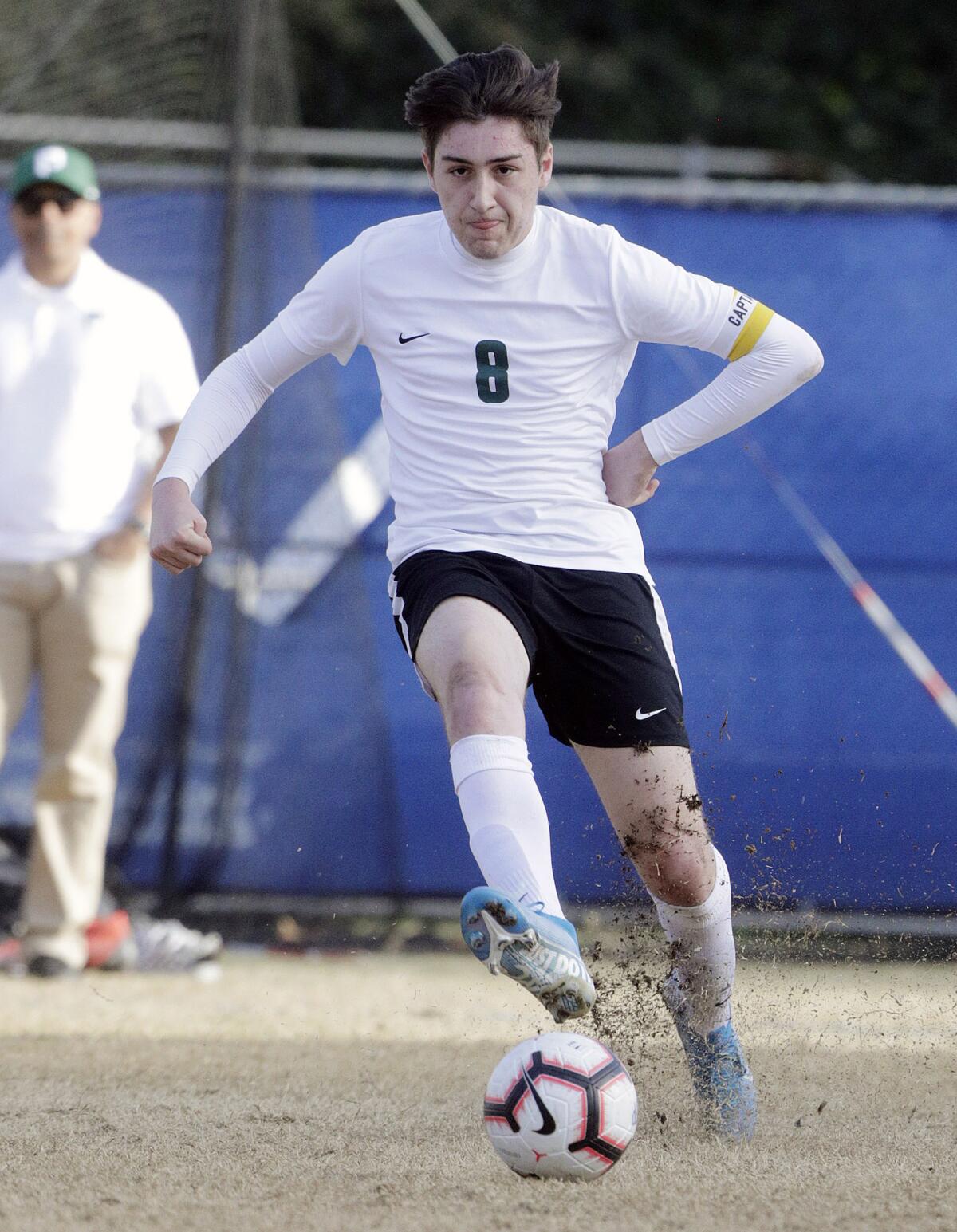 Providence's Greg Simitian makes a pass against Flintridge Prep in a Prep League boys' soccer game at Flintridge Preparatory School in La Canada Flintridge on Wednesday, January 29, 2020. Providence won the game 1-0 after scoring in the first half.