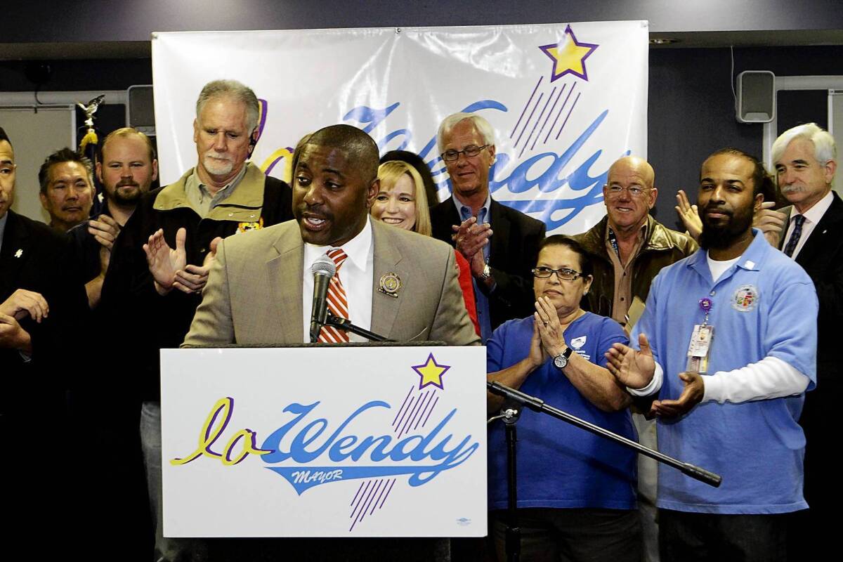 Shomari Davis, business representative for the International Brotherhood of Electrical Workers Local 11, announces the Los Angeles County Federation of Labor's endorsement of Wendy Gruel for mayor of Los Angeles.
