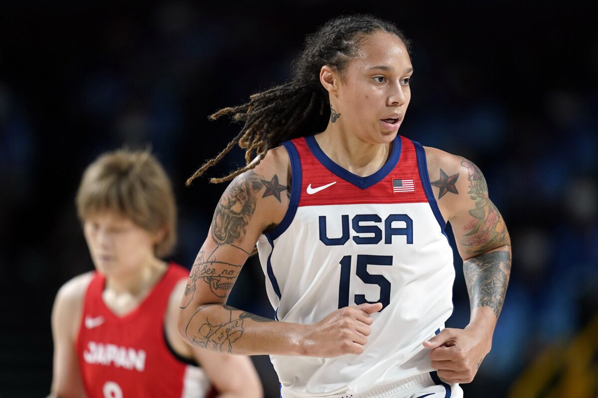 Brittney Griner runs up court during a U.S. women's basketball gold medal game against Japan at the Tokyo Olympics 