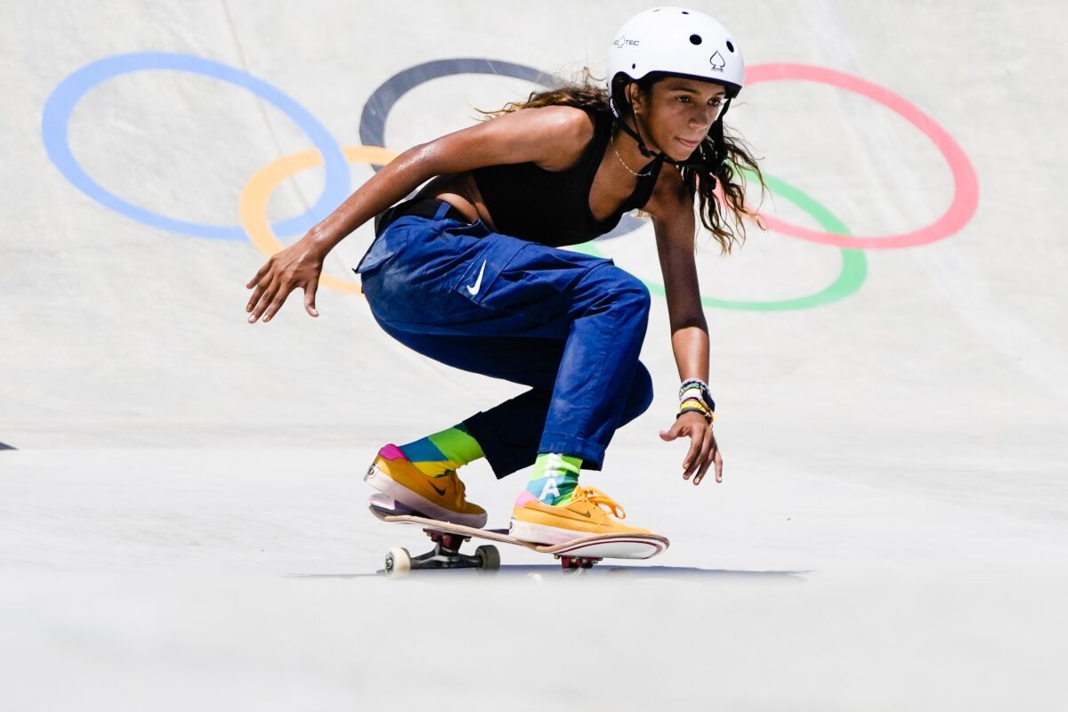 FILE - In this July 23, 2021 file photo, Brazil's Rayssa Leal trains during a street skateboarding practice session at the 2020 Summer Olympics, in Tokyo, Japan. Life has been nothing-but-normal for the Brazilian teenager who became an overnight sensation after winning a silver medal at the Olympics’ inaugural skateboarding competition. (AP Photo/Markus Schreiber, file)