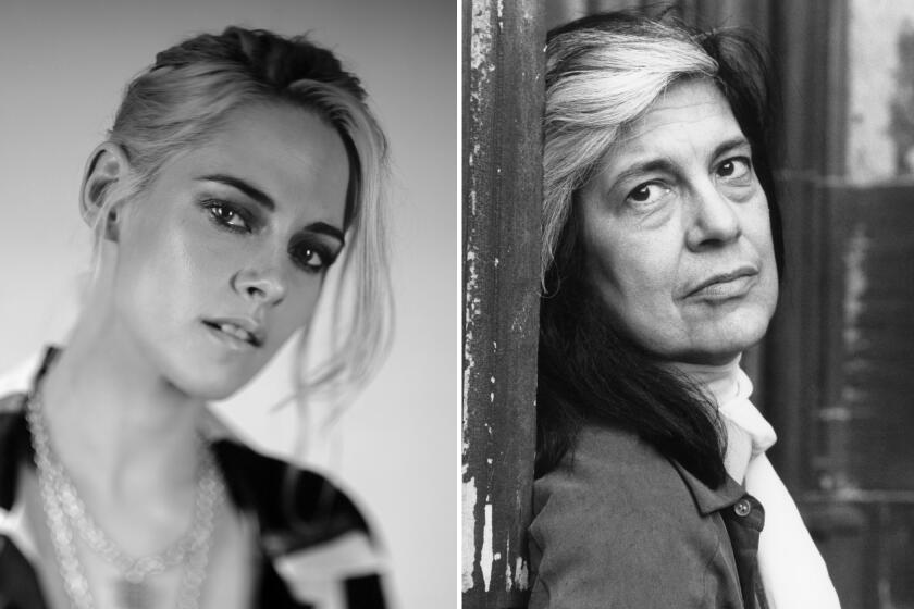 A black-and-white split-screen image of Kristen Stewart on the left and Susan Sontag on the right. 