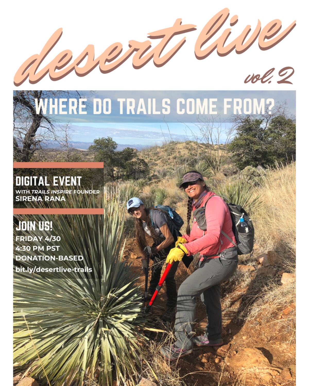 A flyer for a Desert Live event on where trails come from features two people in a desert landscape.