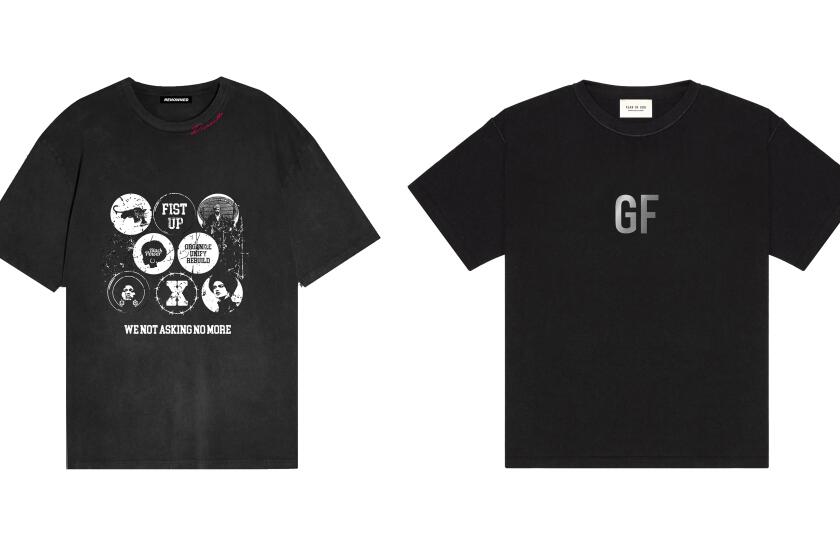 Composite of George Floyd tribute T-shirt by L.A. based Renowned LA (Rt) and by Fear Of God.