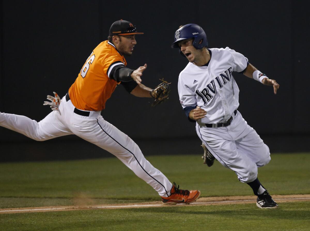 UC Irvine's Justin Castro, right, avoids the tag of Oklahoma State's Tanner Krietemeier after being caught in a run down between third base and home Saturday during the second inning of an NCAAsuper regional game in Stillwater, Okla.