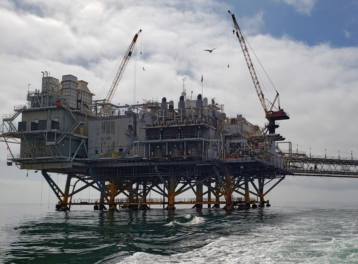 Oil platform Elly is located offshore from Huntington Beach.