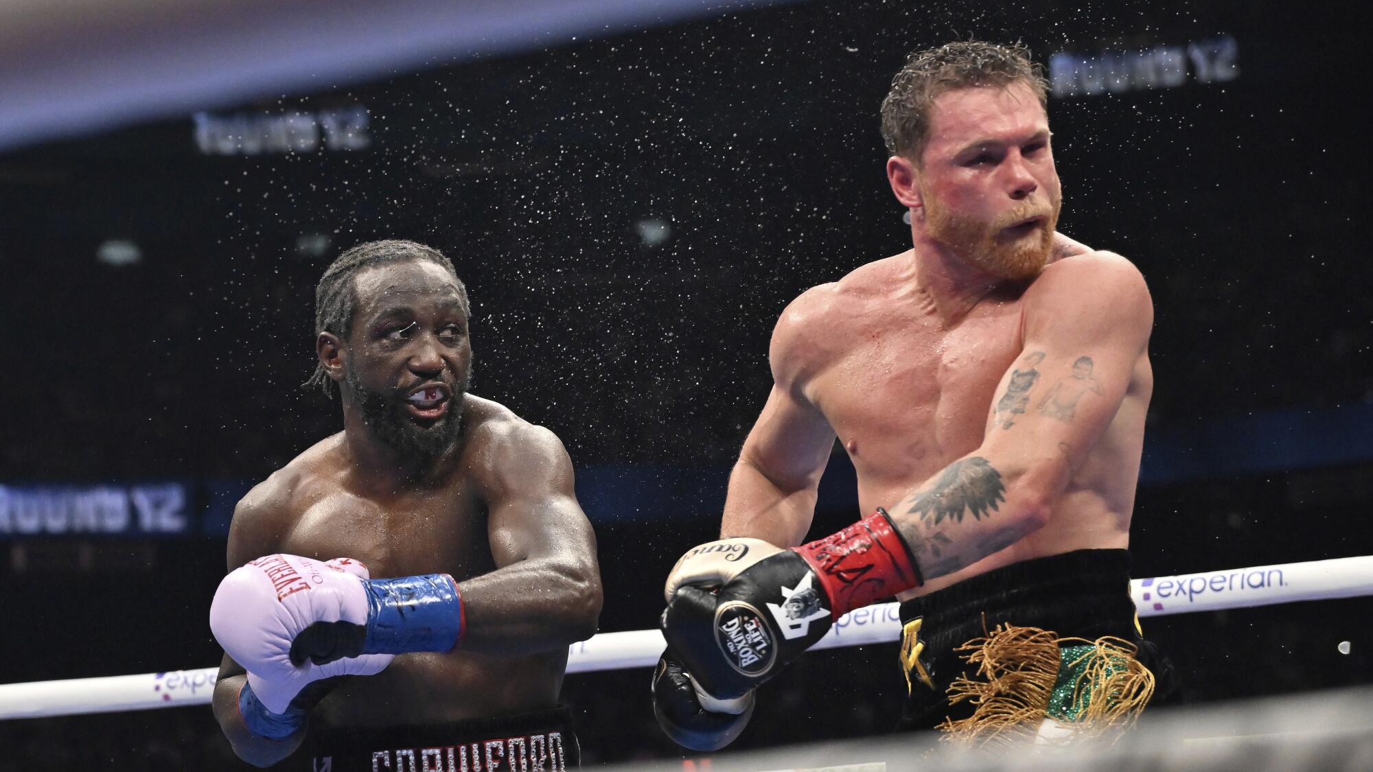 Terence Crawford, left, punches Canelo Alvarez during