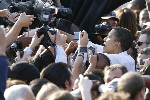 Democratic presidential candidate and U.S. Senator Barack Obama greets supporters as he leaves a rally at Rancho Cienega Sports Complex.