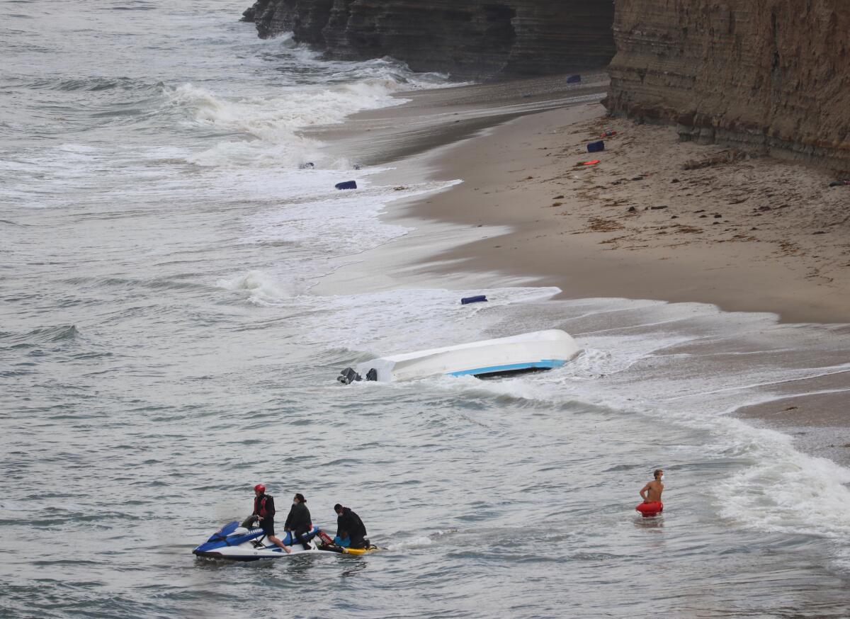 A panga that officials suspected was being used to smuggle people into the country capsized in Sunset Cliffs on May 18. Fifteen people were detained and turned over to Border Patrol agents.