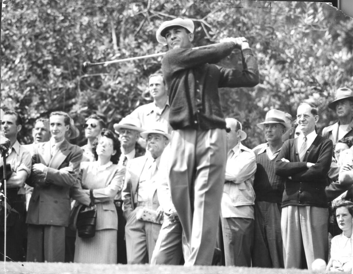Ben Hogan follows through on his drive at the 15th tee during the U.S. Open golf tournament at Riviera Country Club in 1948. 