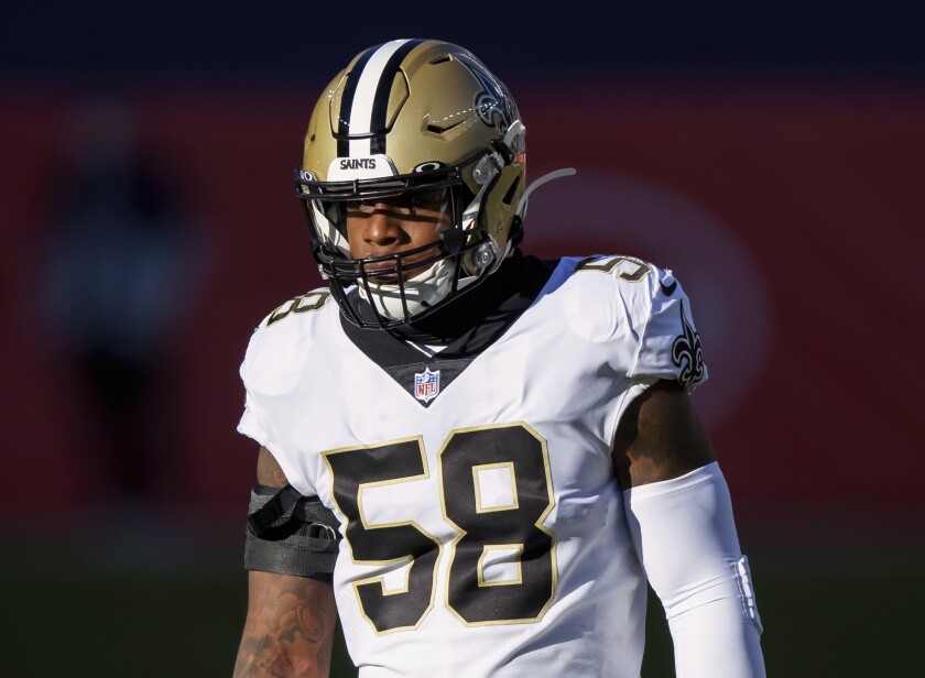 FILE - In this Nov. 29, 2020, file photo, New Orleans Saints linebacker Kwon Alexander (58) lines up against the Denver Broncos during the first half of an NFL football game in Denver. The Saints are bringing back Alexander. Agent Drew Rosenhaus has confirmed that Alexander signed a one-year contract with New Orleans worth up to $3 million. (AP Photo/Justin Edmonds, File)