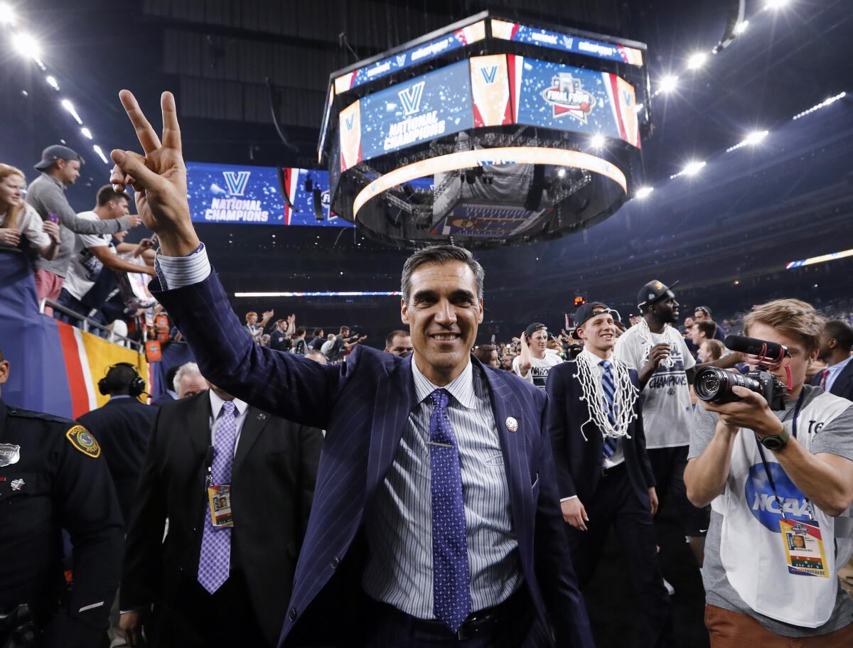 Villanova coach Jay Wright celebrates after the men's NCAA tournament championship game against North Carolina.